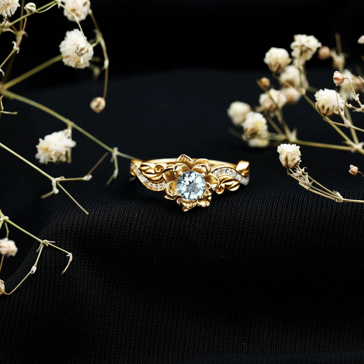 Natural Aquamarine and Diamond Flower Engagement Ring in Gold Plated Silver