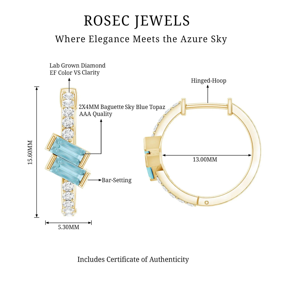Natural Baguette Shape Sky Blue Topaz Diamond Hoop Earrings