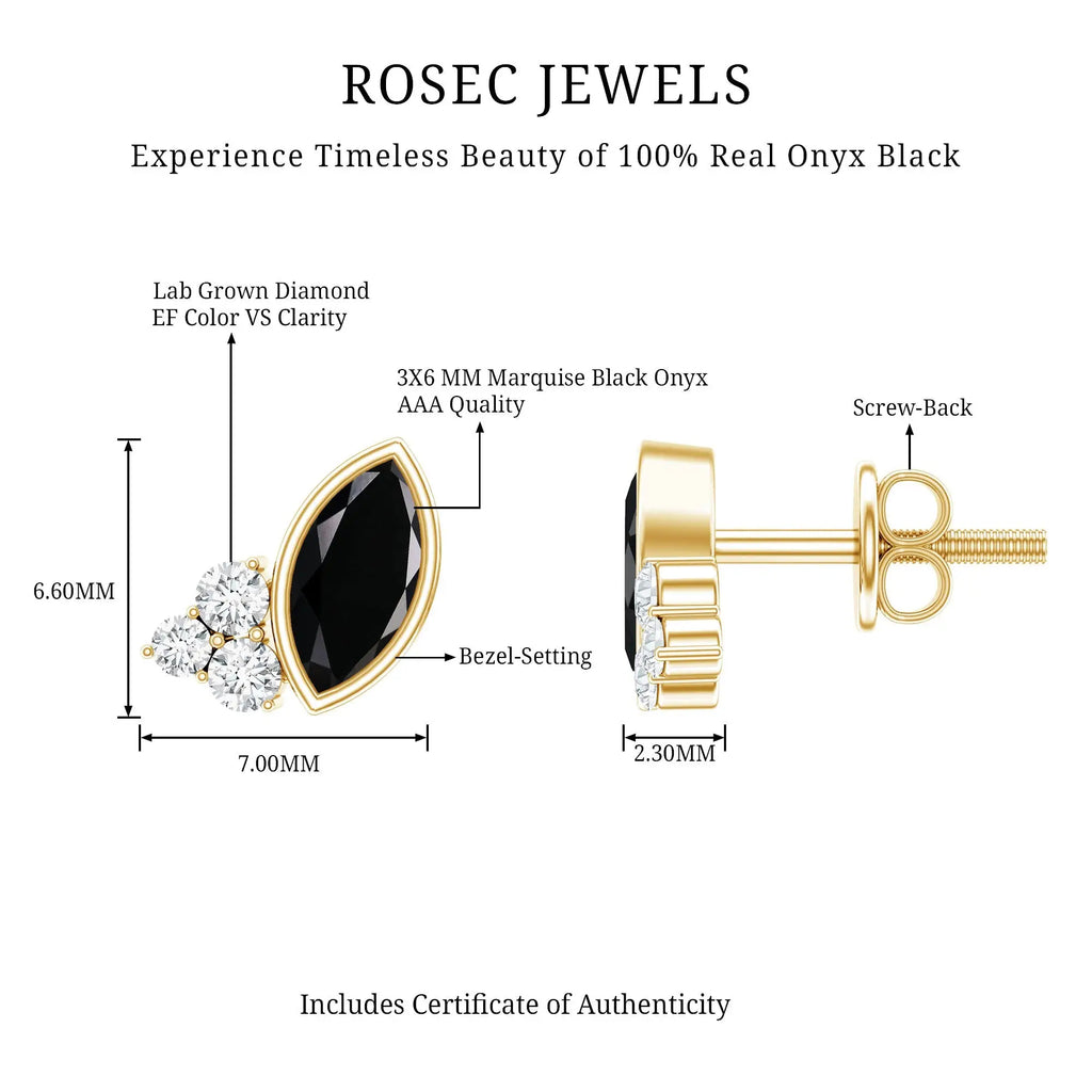 Natural Black Onyx Stud Earrings with Diamond Trio