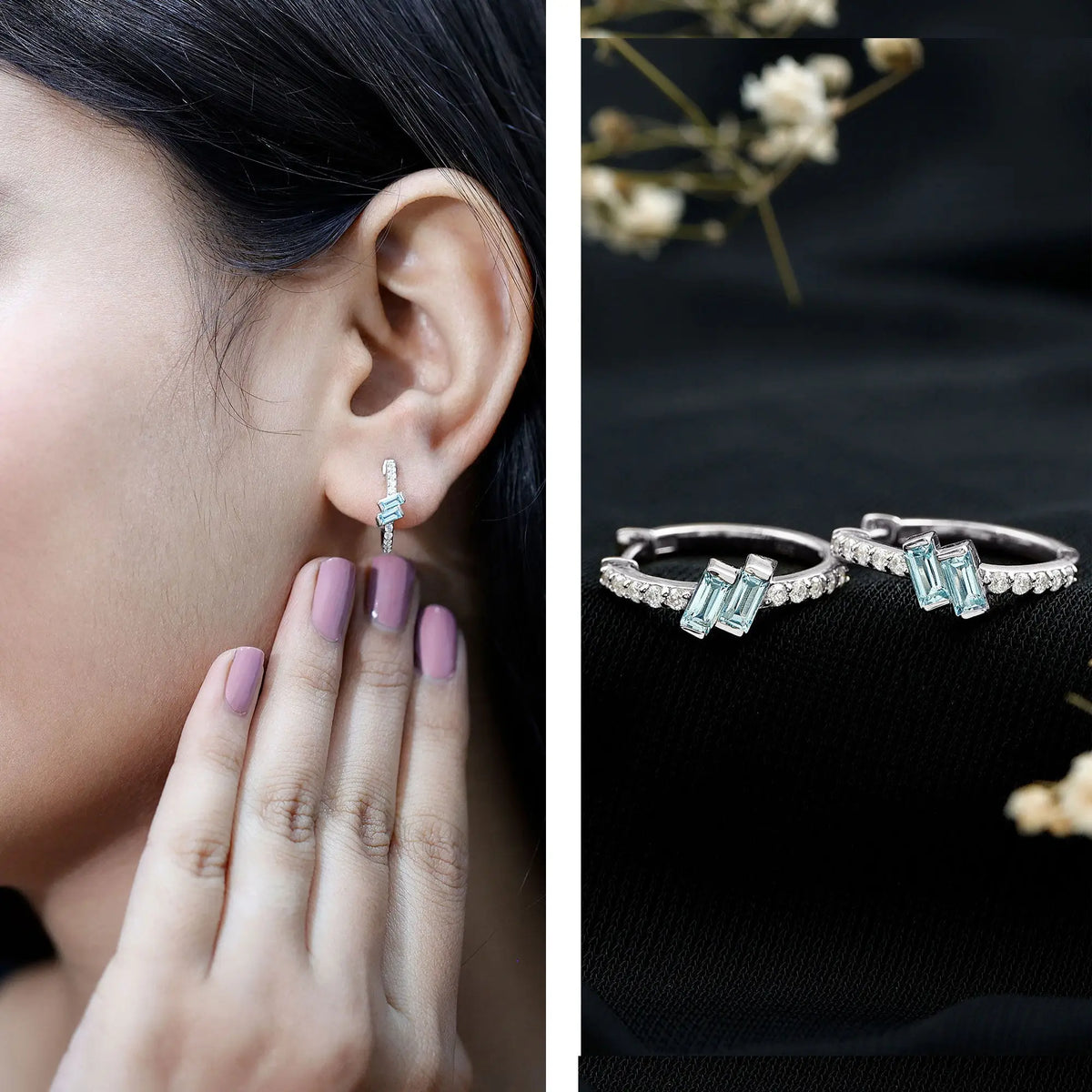 Natural Half Carat Aquamarine Hoop Earrings with Lab Diamond