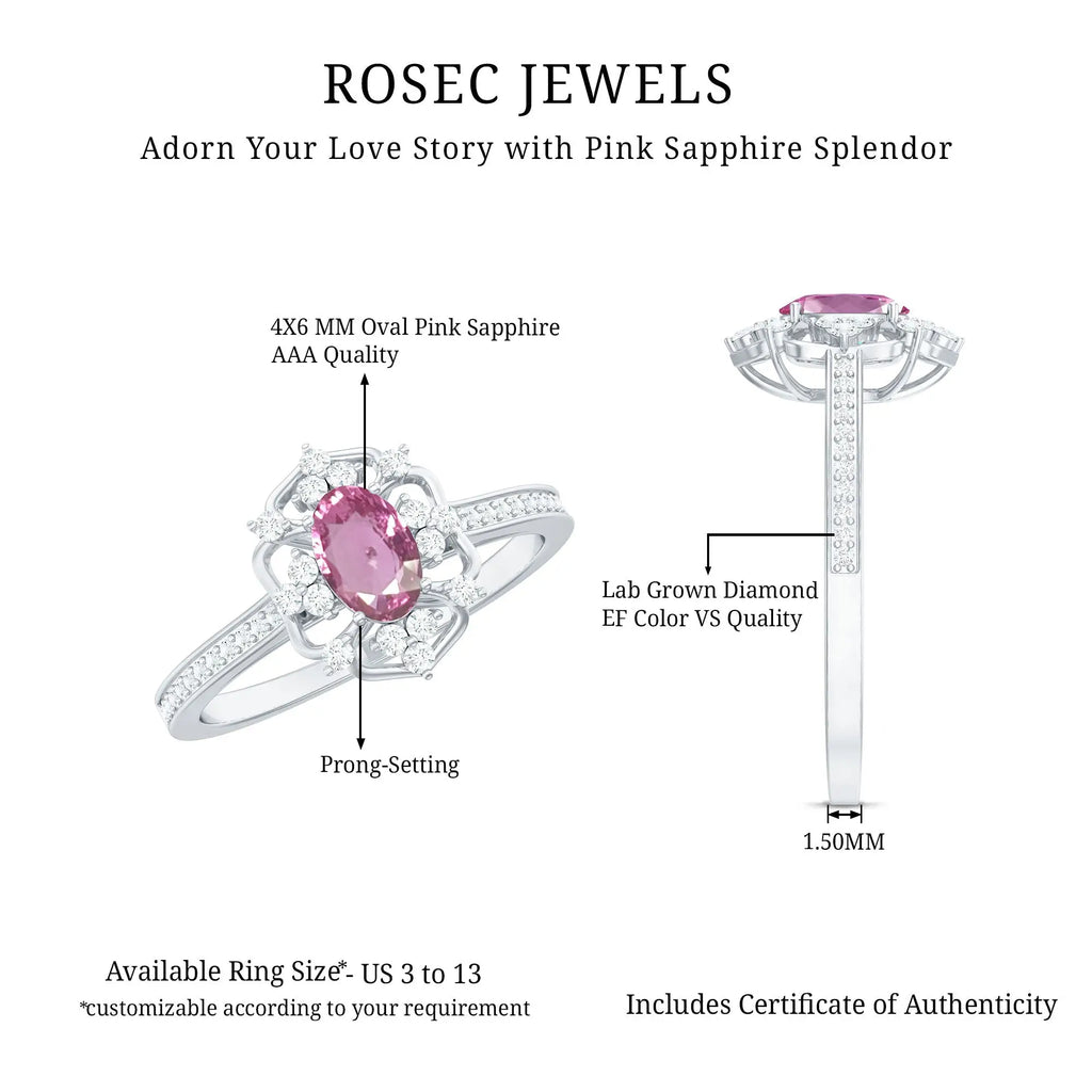 Natural Pink Sapphire Diamond Vintage Engagement Ring in Silver