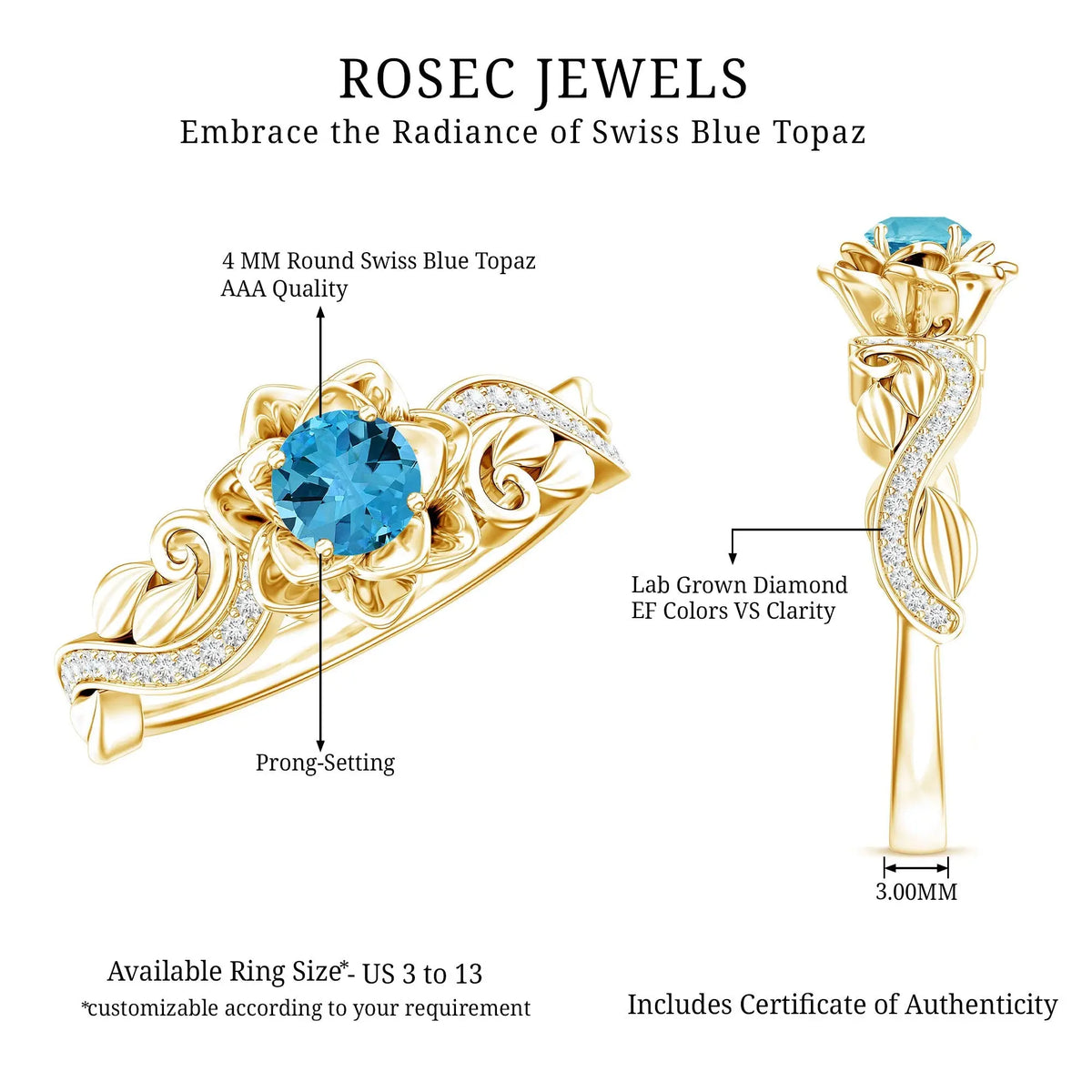Natural Swiss Blue Topaz Flower Engagement Ring in Gold Plated Silver