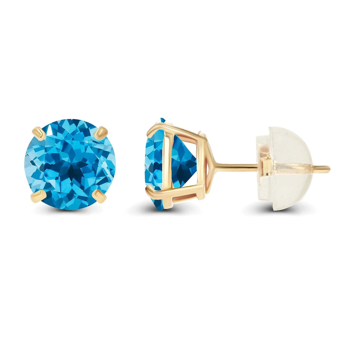 Natural Swiss Blue Topaz stud earrings featuring round brilliant blue gemstones set in 14K yellow gold with four-prong settings and push-back closures