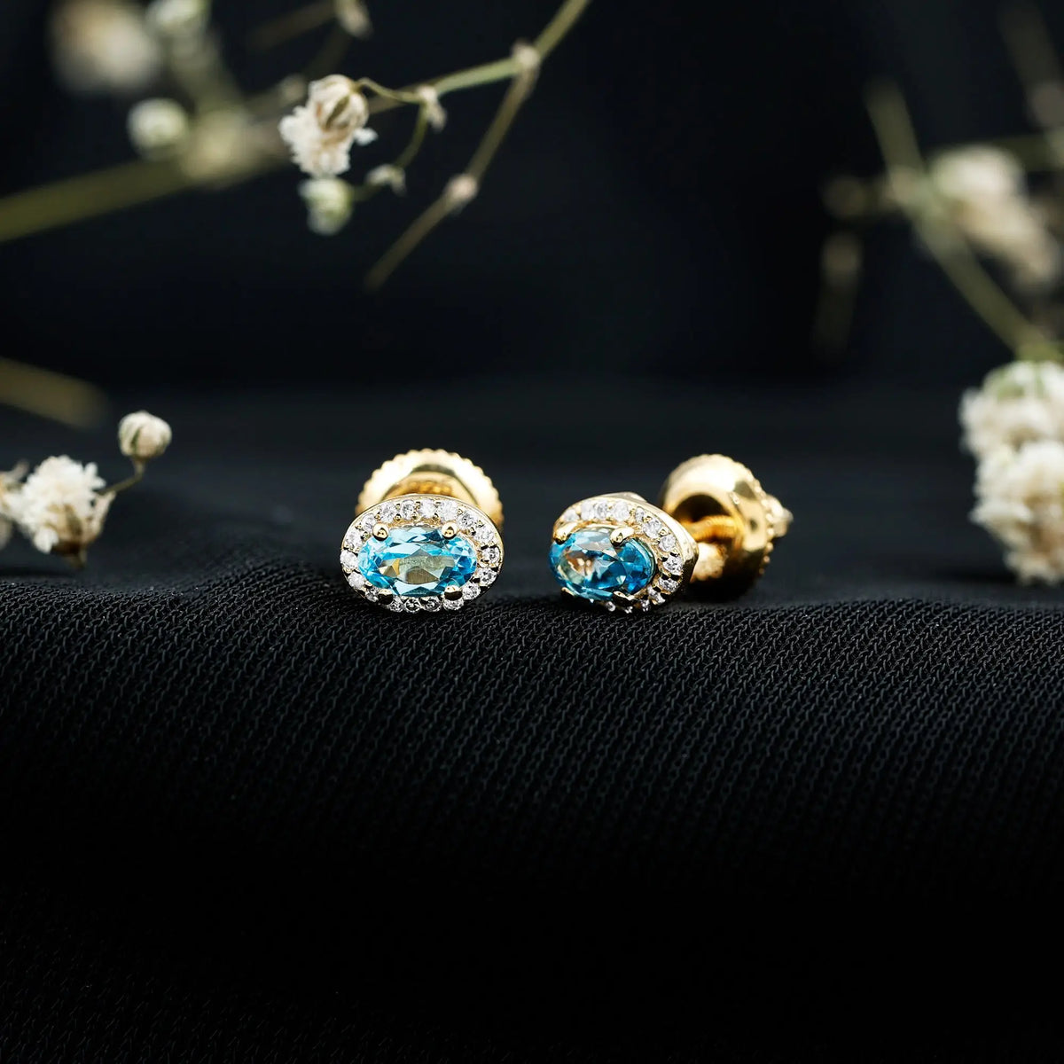 Natural Swiss Blue Topaz Stud Earrings with Diamond Halo