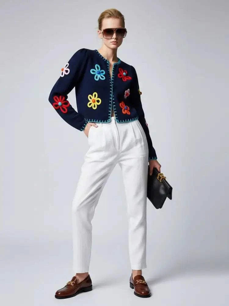 Navy Knit Jacket with 3D Flowers and Contrast Stitching • BYMANYC ® New York