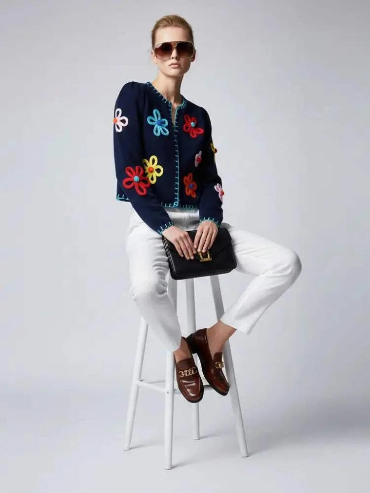 Navy Knit Jacket with 3D Flowers and Contrast Stitching • BYMANYC ® New York