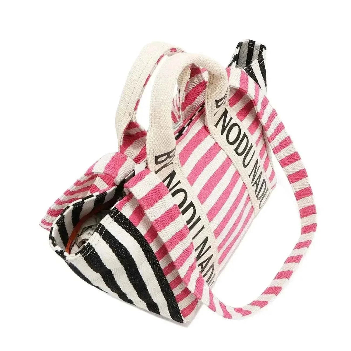 Nicole Lee USA canvas tote bag with pink, white and black stripes, logo-printed shoulder straps, and dual handles
