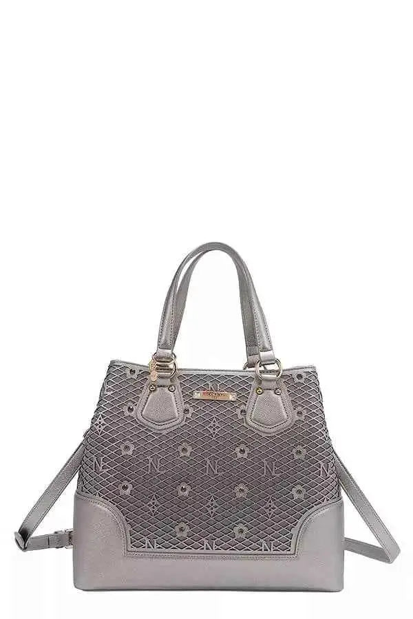 Nicole Lee USA Monogram Pattern Handbag with Rhinestones Decor
