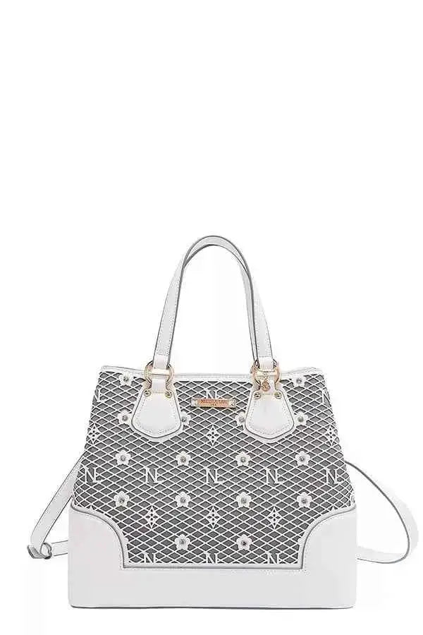 Nicole Lee USA Monogram Pattern Handbag with Rhinestones Decor