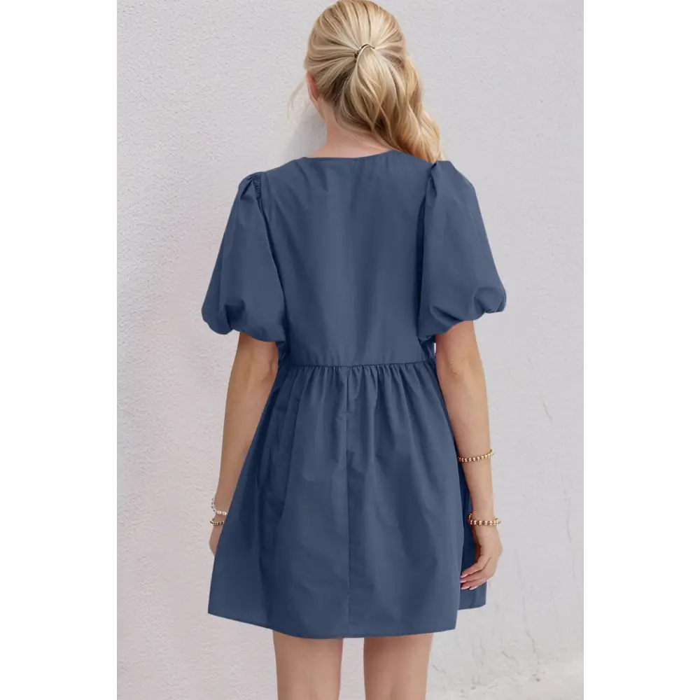 Oh bow ruched puff sleeve mini dress $47.99 basic style, bow opaque no stretch not lined material 100% cotton care