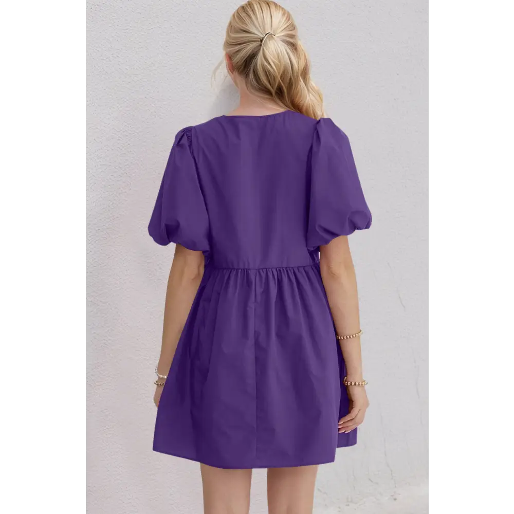 Oh bow ruched puff sleeve mini dress $47.99 basic style, bow opaque no stretch not lined material 100% cotton care