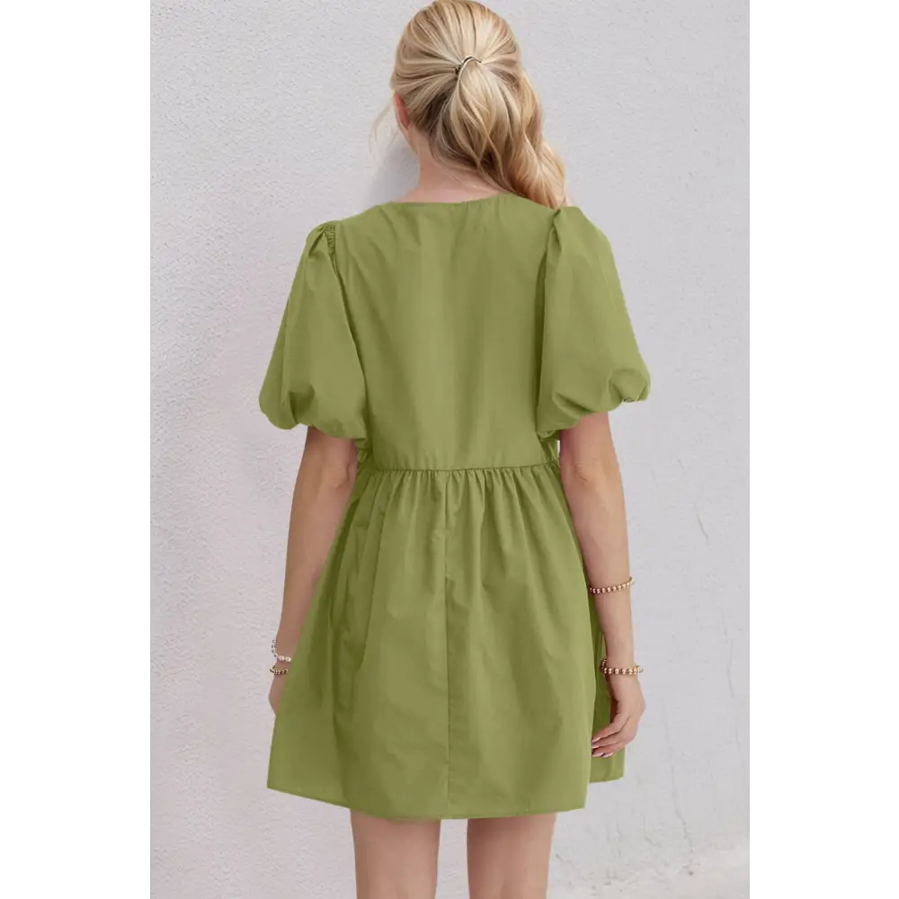 Oh bow ruched puff sleeve mini dress $47.99 basic style, bow opaque no stretch not lined material 100% cotton care