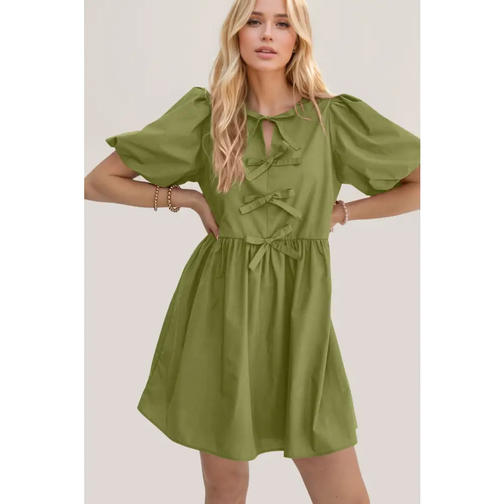 Oh bow ruched puff sleeve mini dress $47.99 basic style, bow opaque no stretch not lined material 100% cotton care