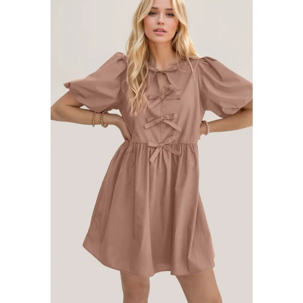 Oh bow ruched puff sleeve mini dress $47.99 basic style, bow opaque no stretch not lined material 100% cotton care