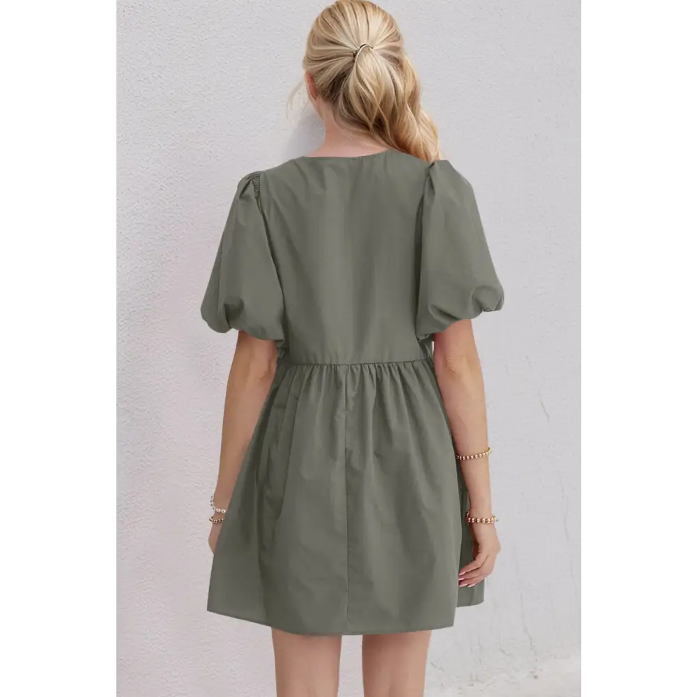 Oh bow ruched puff sleeve mini dress $47.99 basic style, bow opaque no stretch not lined material 100% cotton care