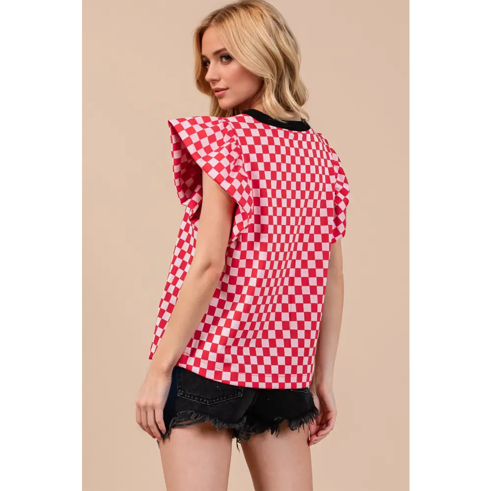 Oh checkered round neck puff sleeve blouse $43.99 basic style opaque no stretch material 100% polyester care machine