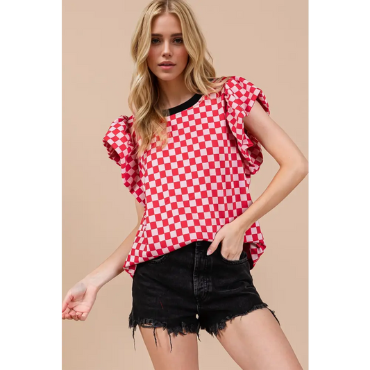 Oh checkered round neck puff sleeve blouse $43.99 basic style opaque no stretch material 100% polyester care machine