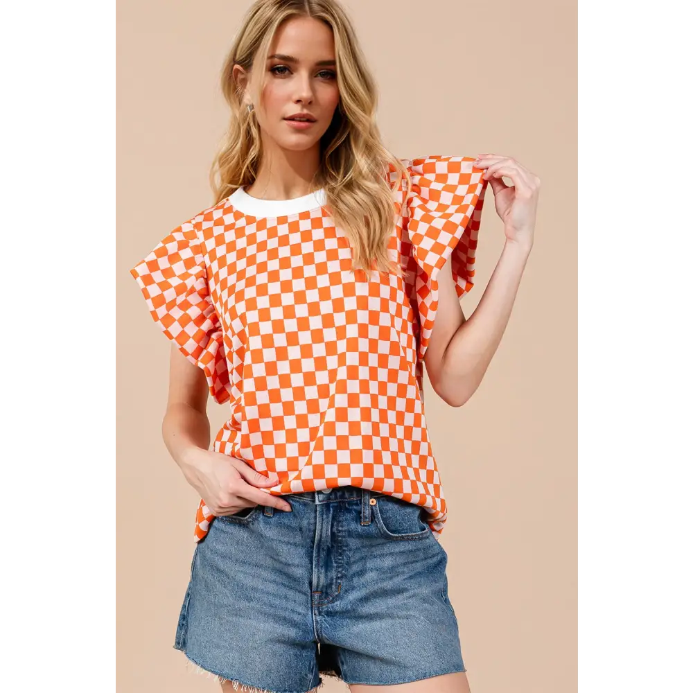 Oh checkered round neck puff sleeve blouse $43.99 basic style opaque no stretch material 100% polyester care machine