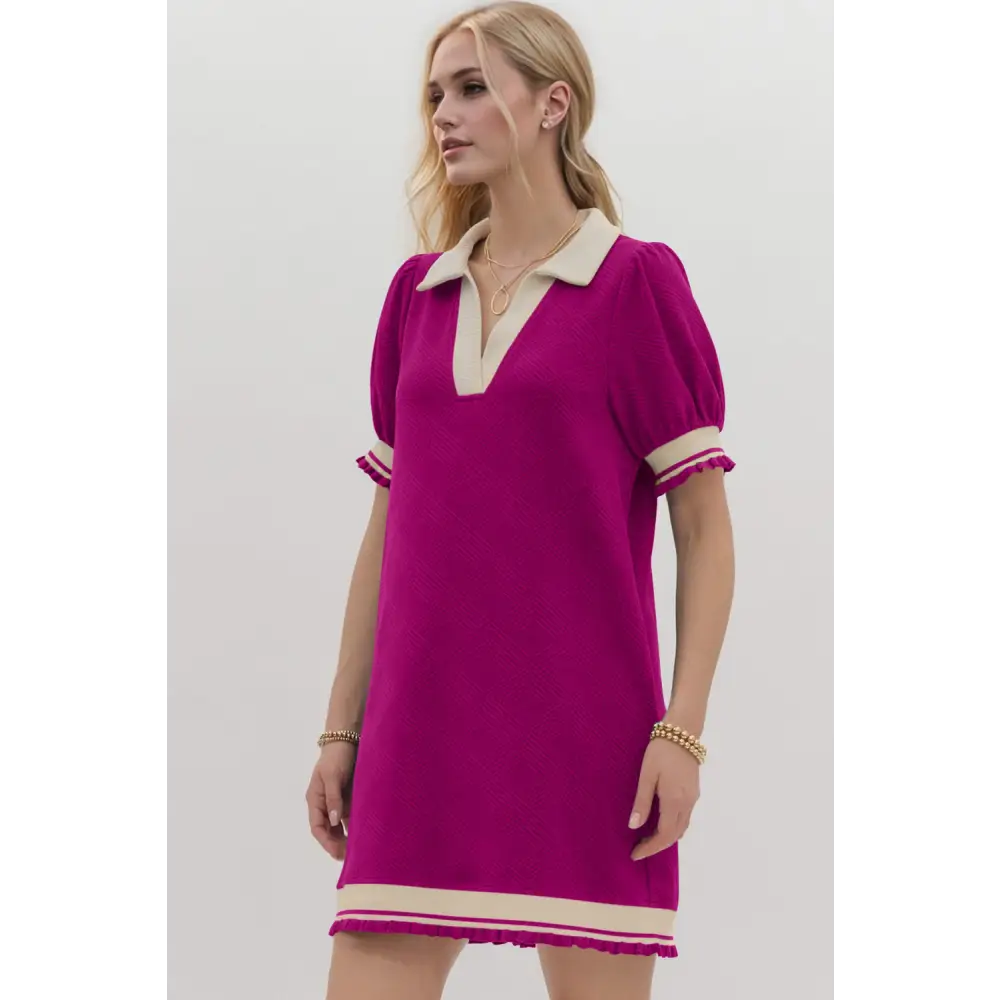 Oh frill contrast trim johnny collar short sleeve mini dress $47.99 basic style opaque slightly stretchy not lined