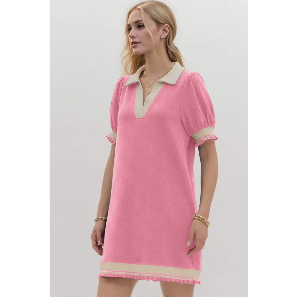 Oh frill contrast trim johnny collar short sleeve mini dress $47.99 basic style opaque slightly stretchy not lined