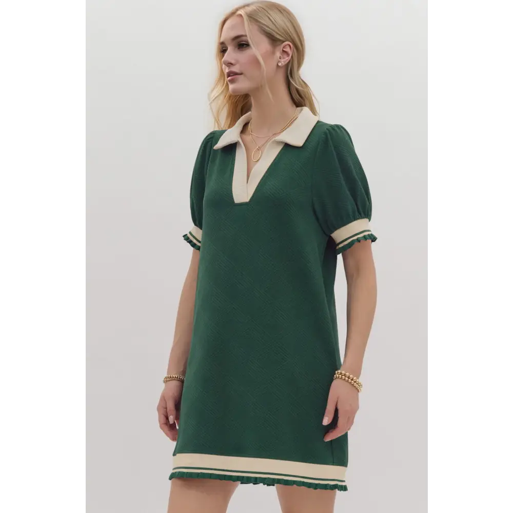 Oh frill contrast trim johnny collar short sleeve mini dress $47.99 basic style opaque slightly stretchy not lined