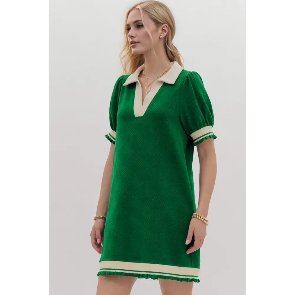 Oh frill contrast trim johnny collar short sleeve mini dress $47.99 basic style opaque slightly stretchy not lined