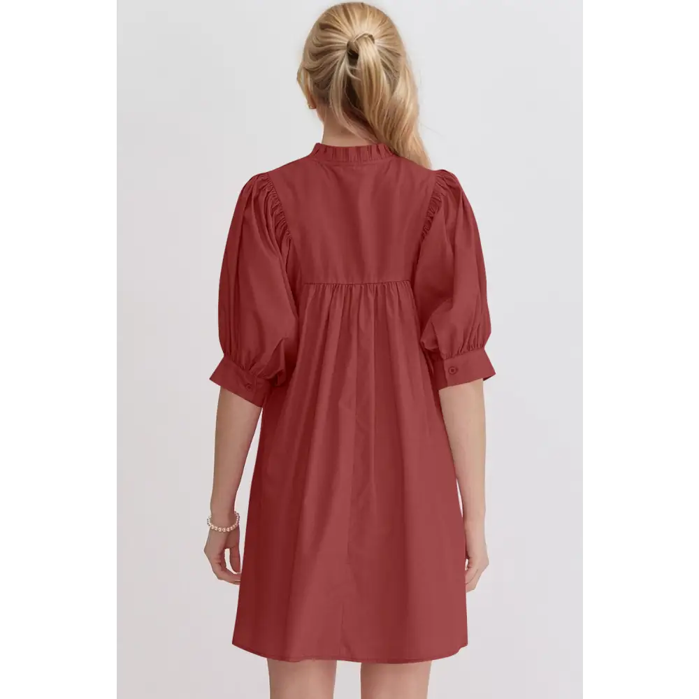 Oh frill notched puff sleeve babydoll mini dress $47.99 basic style, frill, pocketed opaque no stretch not lined