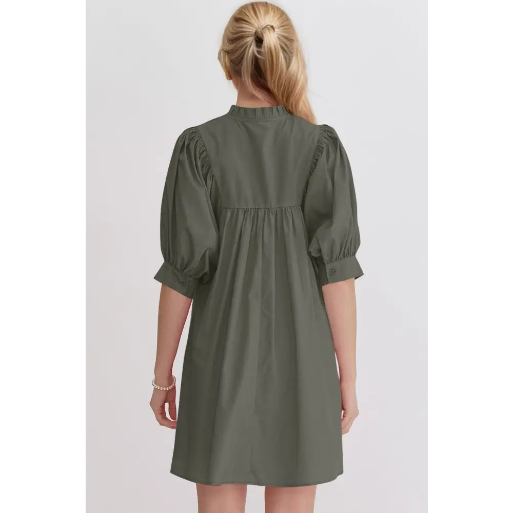 Oh frill notched puff sleeve babydoll mini dress $47.99 basic style, frill, pocketed opaque no stretch not lined