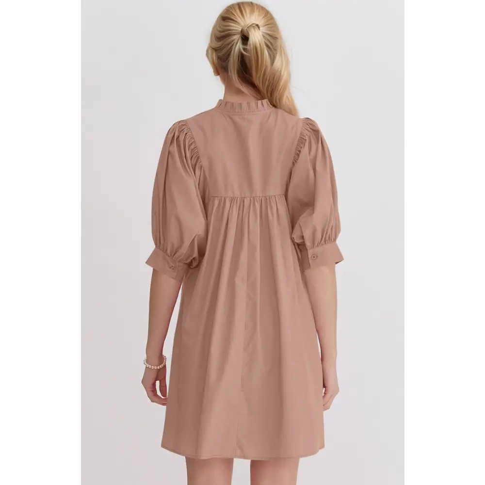 Oh frill notched puff sleeve babydoll mini dress $47.99 basic style, frill, pocketed opaque no stretch not lined