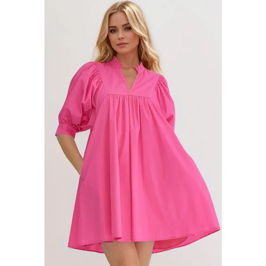 Oh frill notched puff sleeve babydoll mini dress $47.99 basic style, frill, pocketed opaque no stretch not lined