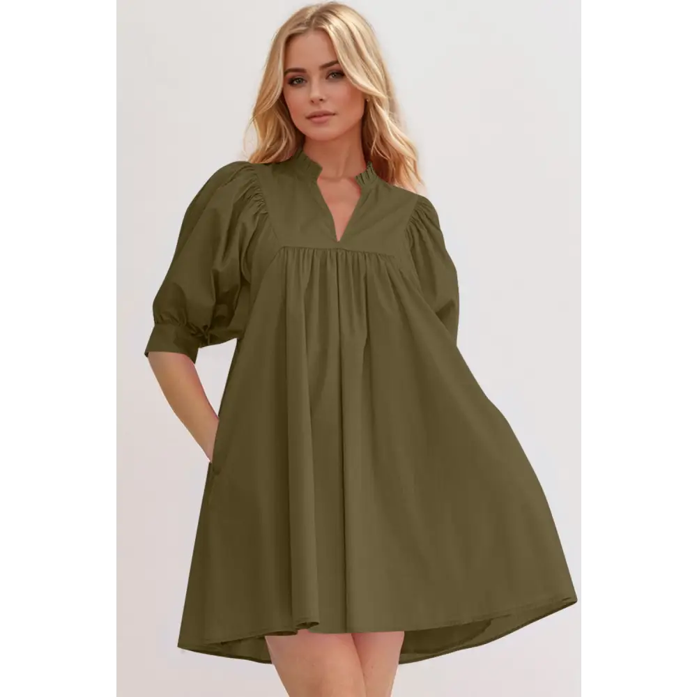 Oh frill notched puff sleeve babydoll mini dress $47.99 basic style, frill, pocketed opaque no stretch not lined