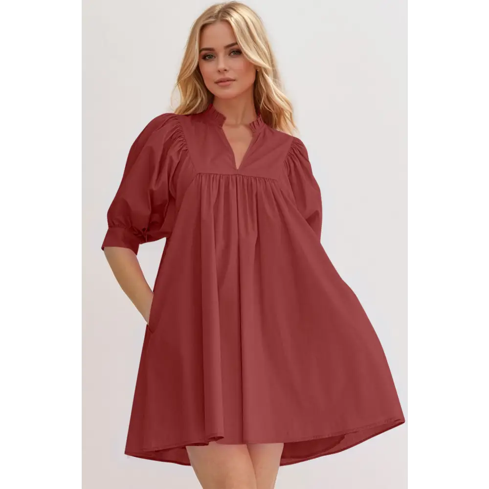 Oh frill notched puff sleeve babydoll mini dress $47.99 basic style, frill, pocketed opaque no stretch not lined