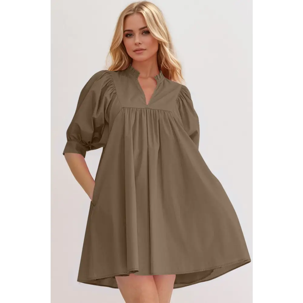 Oh frill notched puff sleeve babydoll mini dress $47.99 basic style, frill, pocketed opaque no stretch not lined