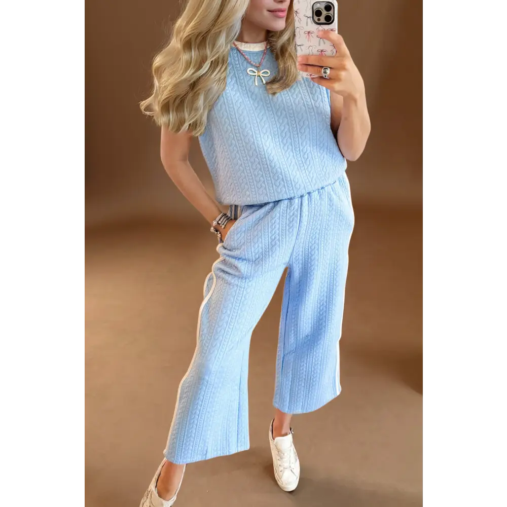 Oh full size texture contrast trim round neck top and pants set $56.99 basic style number of two-piece no stretch