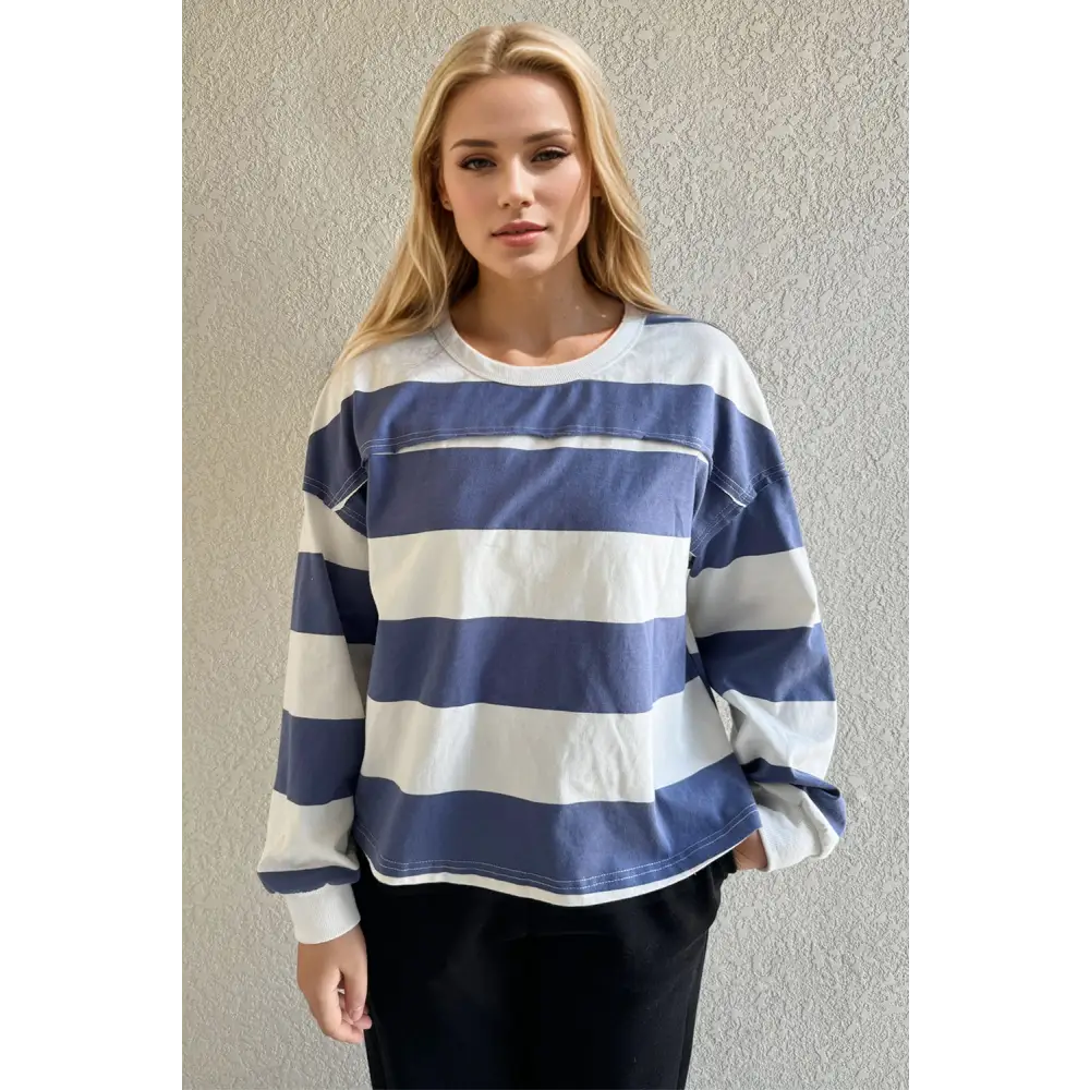 Oh pima cotton wash exposed seam contrast striped round neck long sleeve t-shirt $45.99 basic style, exposed seam