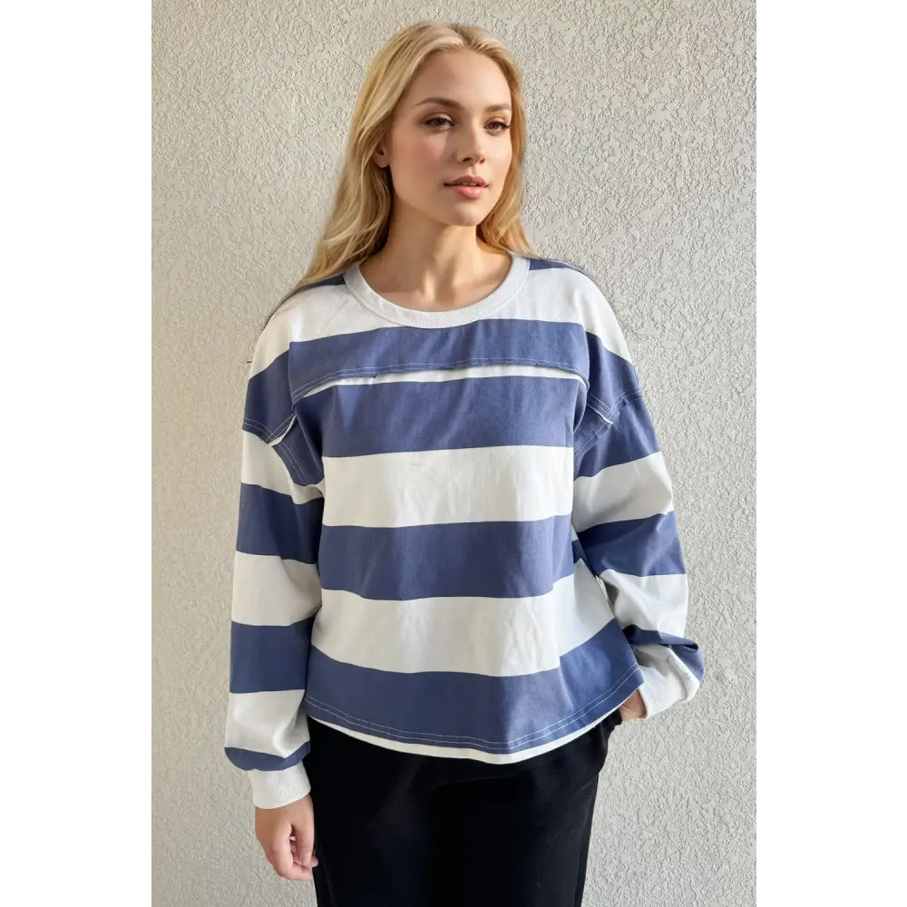 Oh pima cotton wash exposed seam contrast striped round neck long sleeve t-shirt $45.99 basic style, exposed seam