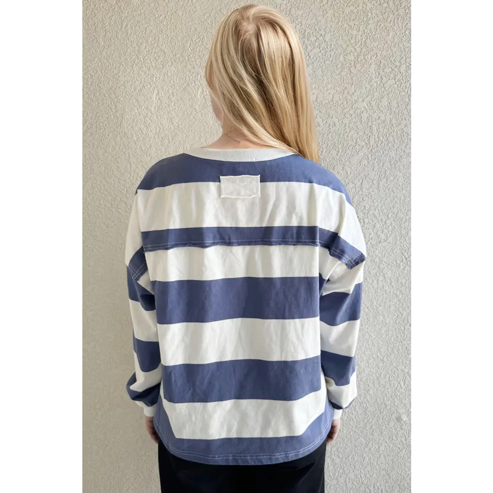 Oh pima cotton wash exposed seam contrast striped round neck long sleeve t-shirt $45.99 basic style, exposed seam