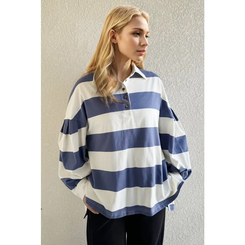 Oh pima cotton wash wide striped collared neck long sleeve top $45.99 basic style, buttoned opaque slightly stretchy