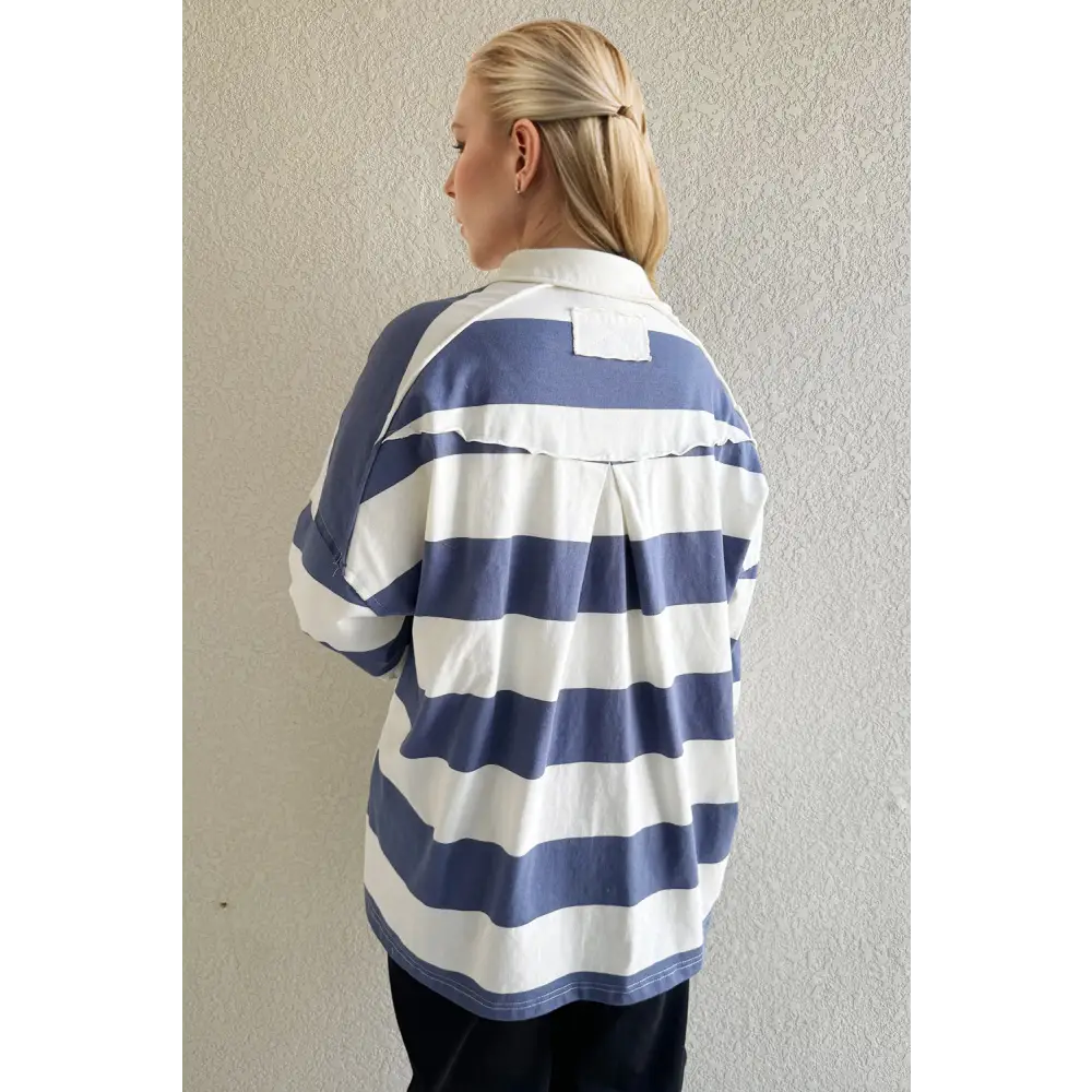 Oh pima cotton wash wide striped collared neck long sleeve top $45.99 basic style, buttoned opaque slightly stretchy