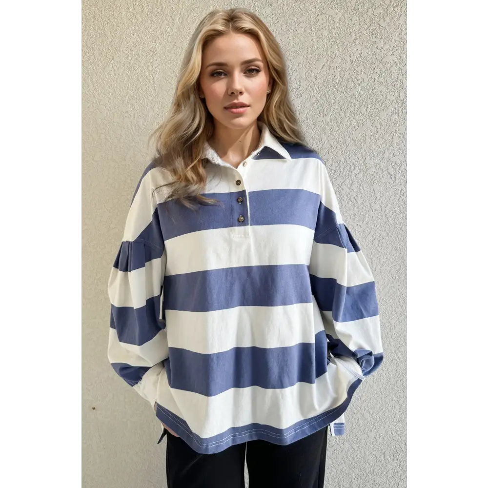 Oh pima cotton wash wide striped collared neck long sleeve top $45.99 basic style, buttoned opaque slightly stretchy