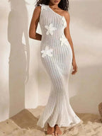 One-Shoulder Crochet Maxi Dress in white polyester with openwork pattern and floral appliqué details on the bodice and skirt.