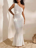 One-Shoulder Crochet Maxi Dress in white with openwork pattern, floral appliques, and a fitted silhouette made from polyester.