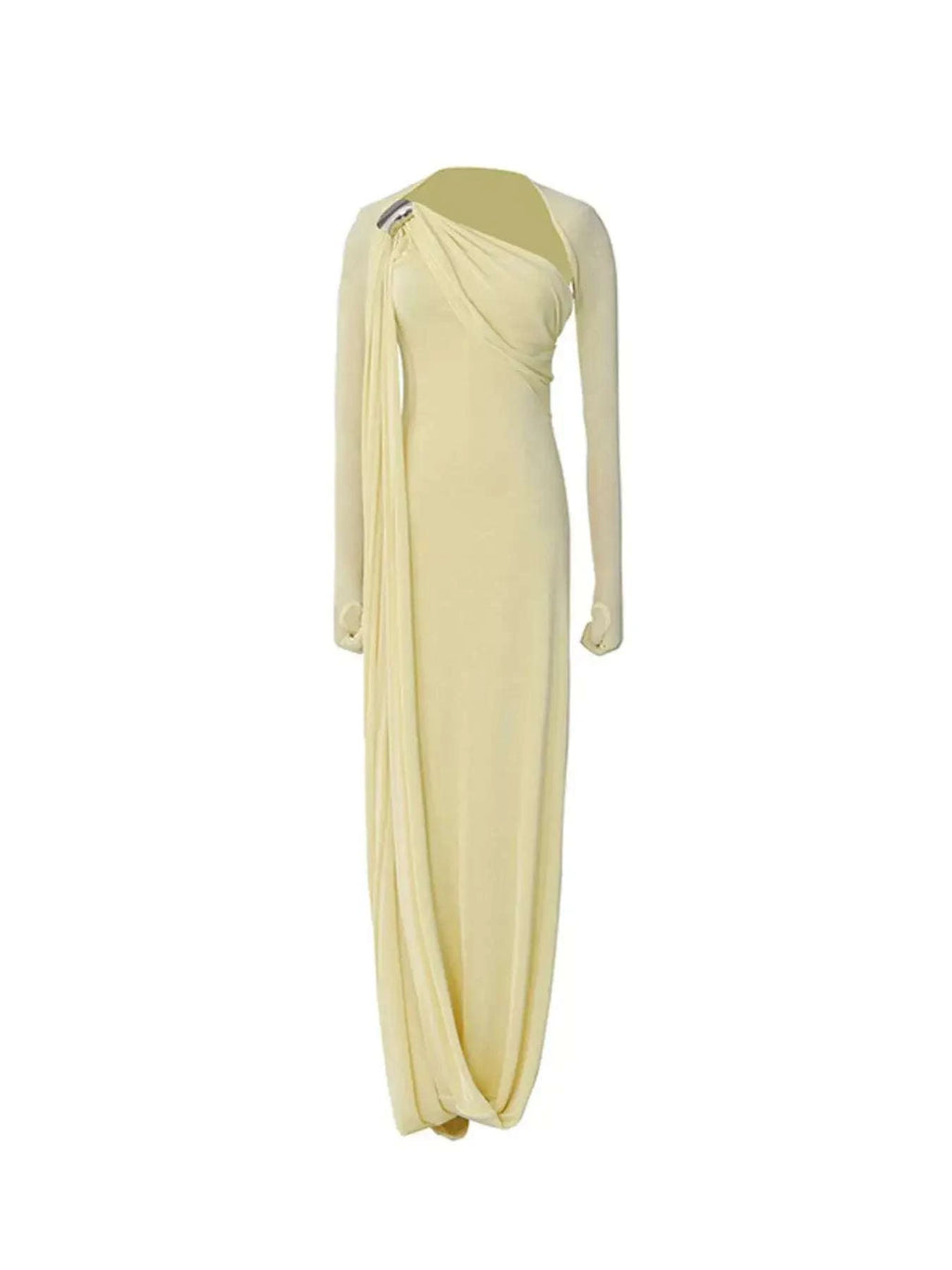 One-Shoulder Draped Maxi Dress in pale yellow with asymmetric neckline, long sleeve, and flowing draped polyester fabric