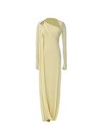 One-Shoulder Draped Maxi Dress in pale yellow with asymmetric neckline, long sleeve, and flowing draped polyester fabric