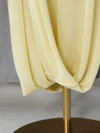 One-Shoulder Draped Maxi Dress in soft yellow polyester with ruched detailing and elegant floor-length drape