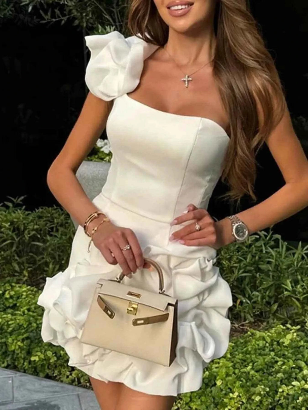 One-Shoulder Ruffle Mini Dress in white polyester blend with ruffled hem and a large ruffle accent on the single shoulder strap.