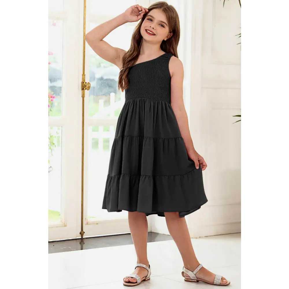 Elevate your wardrobe with the one-shoulder tiered dress in luxury fashion $31 no pattern solid chic smocked