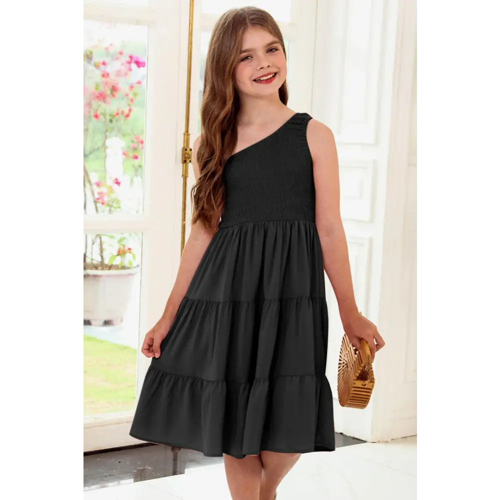 Elevate your wardrobe with the one-shoulder tiered dress in luxury fashion $31 no pattern solid chic smocked