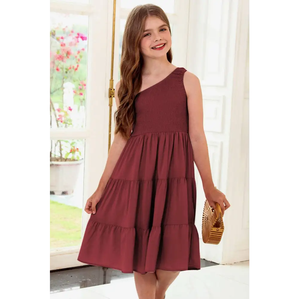 Elevate your wardrobe with the one-shoulder tiered dress in luxury fashion $31 no pattern solid chic smocked