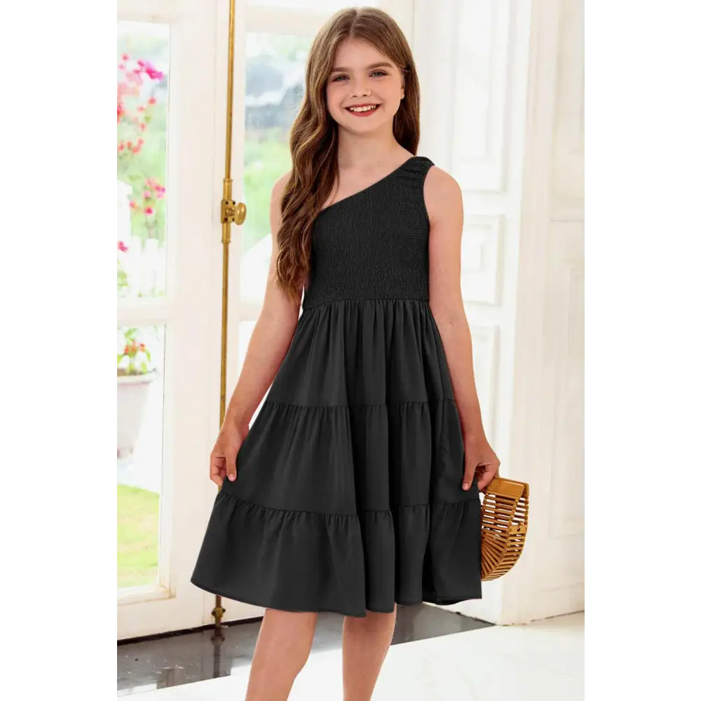 Elevate your wardrobe with the one-shoulder tiered dress in luxury fashion $31 no pattern solid chic smocked